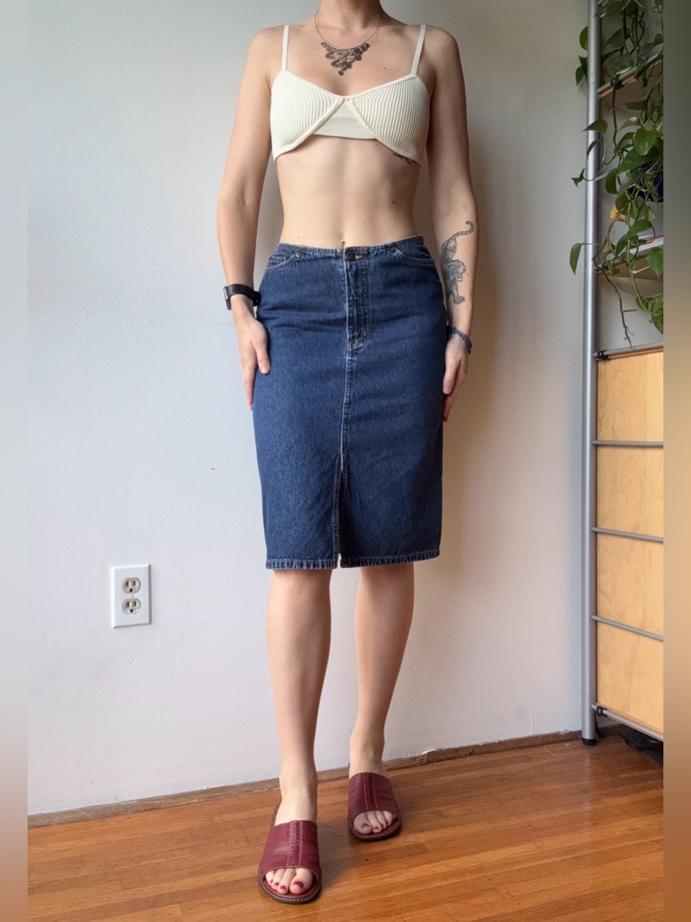 Vintage Dark Blue Denim Midi Skirt